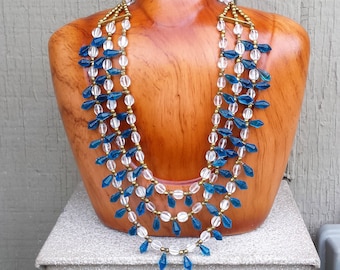 Cleopatra Collar Necklace Clear & Aqua Blue Turquoise - Glass Bead Teardrop and Gold Tone Metal Fringe Collar Choker Jewelry Jewellery