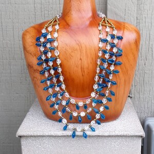 Cleopatra Collar Necklace Clear & Aqua Blue Turquoise - Glass Bead Teardrop and Gold Tone Metal Fringe Collar Choker Jewelry Jewellery