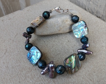 Gray Freshwater Stick Pearl, Abalone Shell, Iris Blue Faceted Crystal and Sterling Silver Bracelet