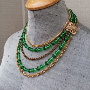Emerald Spring Green Copper Gold Chain Necklace Multi Strand Layered Glass Beads Chunky St Pattys Saint Patrick&#39;s Wedding Vintage Jewelry
