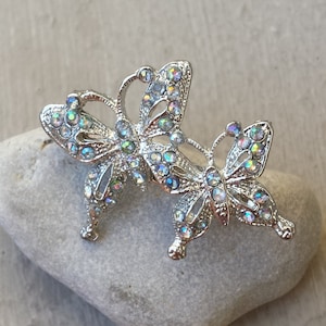 Small Double Butterfly Brooch Pin Crystal AB Aurora Borealis Rainbow Rhinestone Silver Tone Metal Wedding Bride Bridal Bridesmaid Jewelry