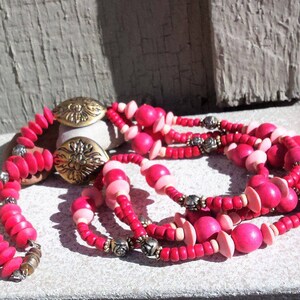 Fuchsia Coral Pink Multi Strand Necklace Chunky Summer Beach Tropical Wood & Antiqued Gold Bead Resort Island Jewelry Jewellery