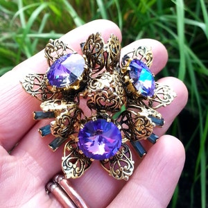 Heliotrope Purple Blue Iris Peacock & Gold Brass Filigree Brooch Pin Wedding Dress Cake Topper Bridal Bride Bouquet Jewelry