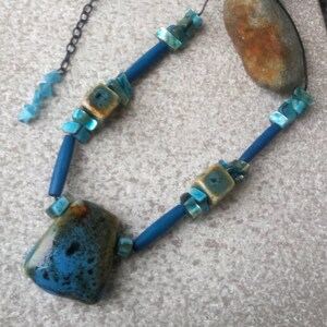 Rustic Blue Turquoise Brown Handcrafted Stoneware Cord Choker Necklace Ceramic Bone Mother of Pearl Shell Beach Casual Summer Jewelry