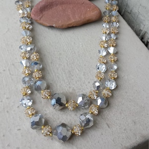 Vintage Silver Clear Crystal Necklace Bead & Gold Filigree Bead Caps Double Strand Multi Strand, Silver Crystal Wedding Bridal Necklace