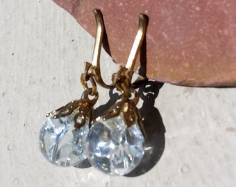 Small Minimalist Clear Drop Pierced Look Clip On Earrings Transparent Globe Fried Marble Crackle Glass & Gold Tone Filigree Petite Dangle