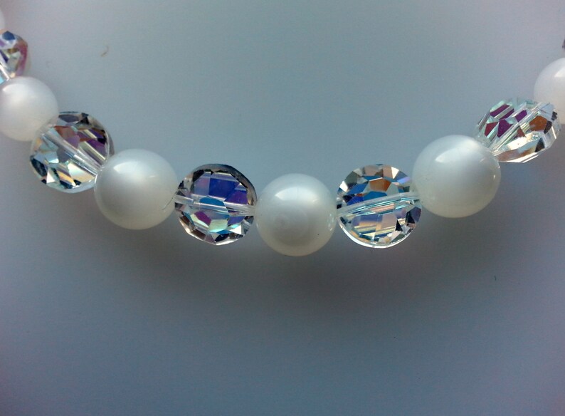 1950s Pearl White Moonglow Lucite Bead Choker Necklace AB Borealis Swarovski Austrian Crystal Retro Bride Bridal Wedding Jewelry Jewellery image 5