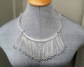 1960s Silver Fringe Necklace & Clip Earrings Set - Demi Parure Estate Cleopatra Jewelry Gift