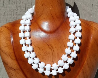 1960s MOD Vintage Long White Necklace Square Glass Cube Beads Single Strand Summer 30" Spectator Jewelry Jewellery
