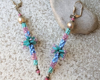OOAK Handcrafted Beaded Pastel Earrings Long Spiral Aqua Blue Periwinkle Pink Glass Seed Beads Boho Unique Beadwork Art Hanan Hall Jewelry