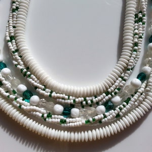 1950s Emerald Green and White Crystal Multi Strand Choker Necklace / Vintage Green & White Glass Maid of Honor Bride Bridal Wedding Necklace