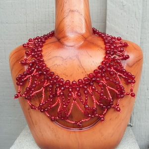 Romantic Red Choker Collar Necklace Glass Beaded Scallop Fringe Bib Dramatic Wedding Bride Bridal Victorian Statement Jewelry Jewellery