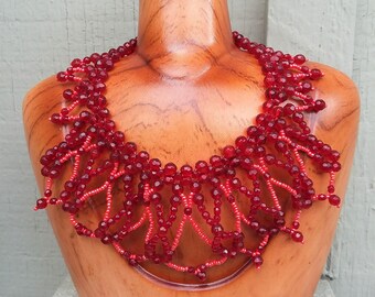 Romantic Red Choker Collar Necklace Glass Beaded Scallop Fringe Bib Dramatic Wedding Bride Bridal Victorian Statement Jewelry Jewellery