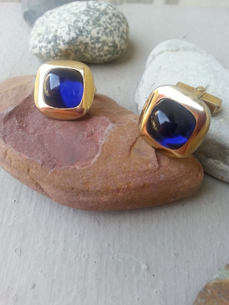 ANSON Vintage Gold Royal Blue Purple Glass Cabochon Cuff Links Groom Gift Idea for Him Dad Fathers Day Brother Father of Bride Wedding