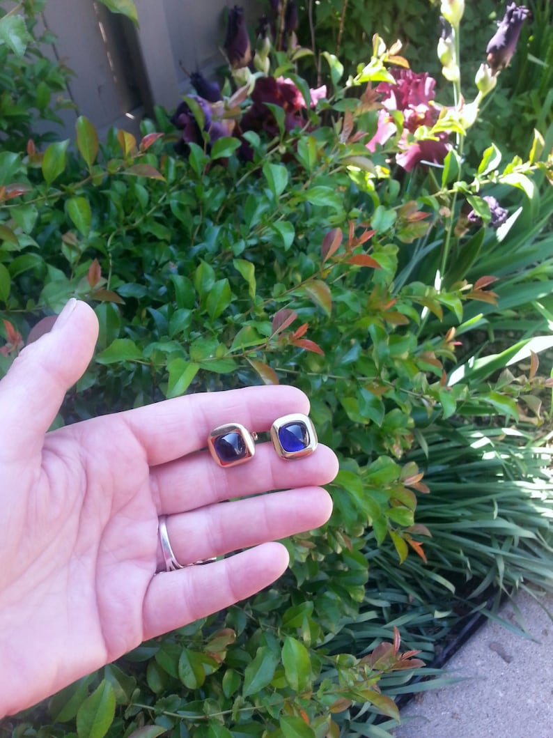 ANSON Vintage Gold Royal Blue Purple Glass Cabochon Cuff Links Groom Gift Idea for Him Dad Fathers Day Brother Father of Bride Wedding