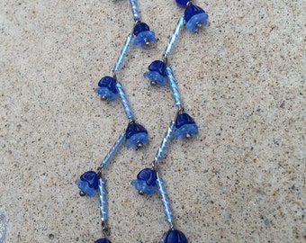 Light Sapphire & Cobalt Blue Glass Flower Long Vine Earrings Dangle Drop Garden Wedding Fairy Faerie Handcrafted Jewelry by Hanan Hall
