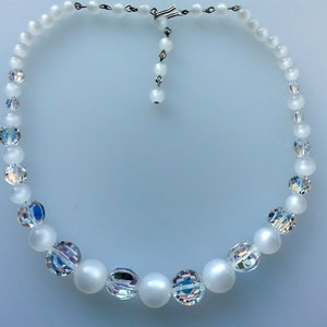 1950s Pearl White Moonglow Lucite Bead Choker Necklace AB Borealis Swarovski Austrian Crystal Retro Bride Bridal Wedding Jewelry Jewellery image 4
