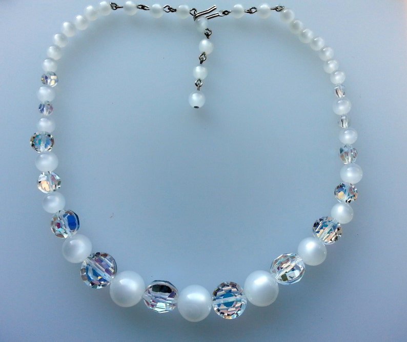 1950s Pearl White Moonglow Lucite Bead Choker Necklace AB Borealis Swarovski Austrian Crystal Retro Bride Bridal Wedding Jewelry Jewellery image 4