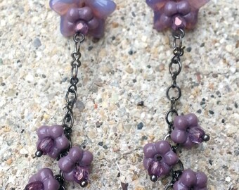 Long Purple Lilac Lavender Glass Flower Earrings Faerie Fairy Festival Spring Garden Wedding Art Nouveau Handcrafted Hanan Hall Jewelry