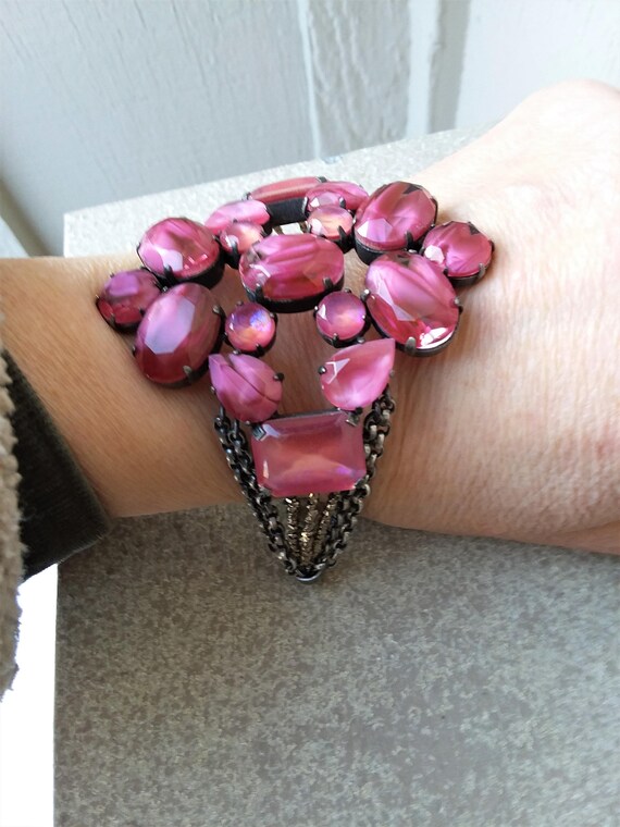 Raspberry Fuchsia Pink Glass Bold Wide Bracelet /… - image 7