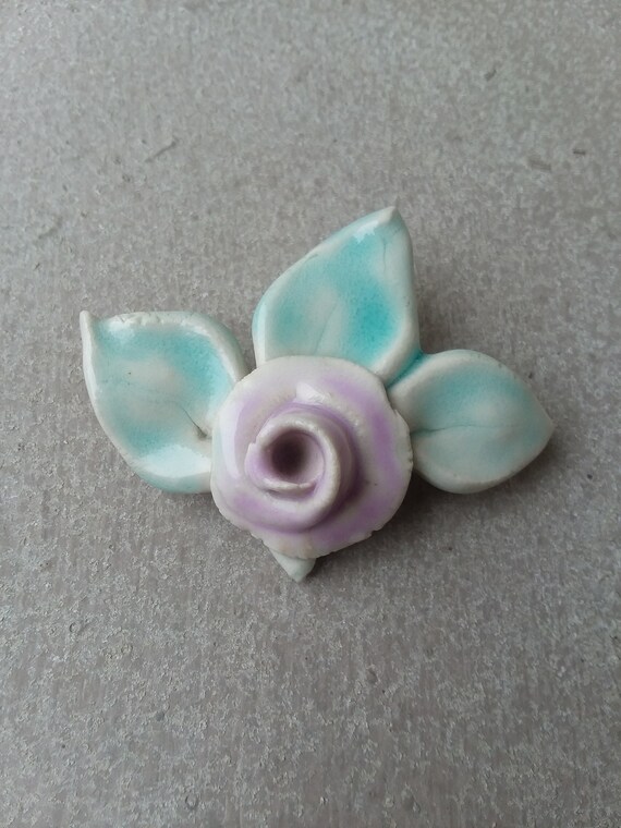 Pink Rose & Green Leaves Brooch Pin in Glazed Porc