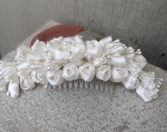 Wide Creamy White Satin Ribbon Rose & Pearl Hair Comb for Bridal Wedding Bride Floral Hair Jewelry Accessory Jewellery