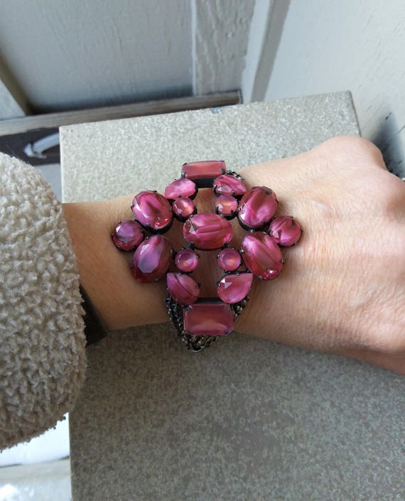 Raspberry Fuchsia Pink Glass Bold Wide Bracelet /… - image 5