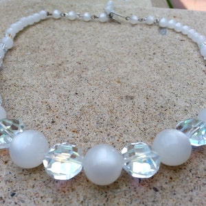 1950s Pearl White Moonglow Lucite Bead Choker Necklace AB Borealis Swarovski Austrian Crystal Retro Bride Bridal Wedding Jewelry Jewellery image 1