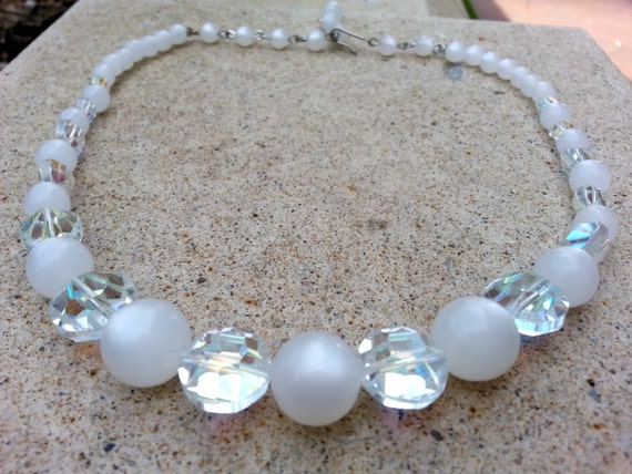 1950s Pearl White Moonglow Lucite Bead Choker Necklace AB Borealis Swarovski Austrian Crystal Retro Bride Bridal Wedding Jewelry Jewellery