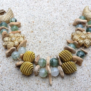 Earthy Rustic Chunky Green Bead & Wood with Gold Metal Beads on Chain Slide Bracelet Natural Neutral Jewelry Jewellery