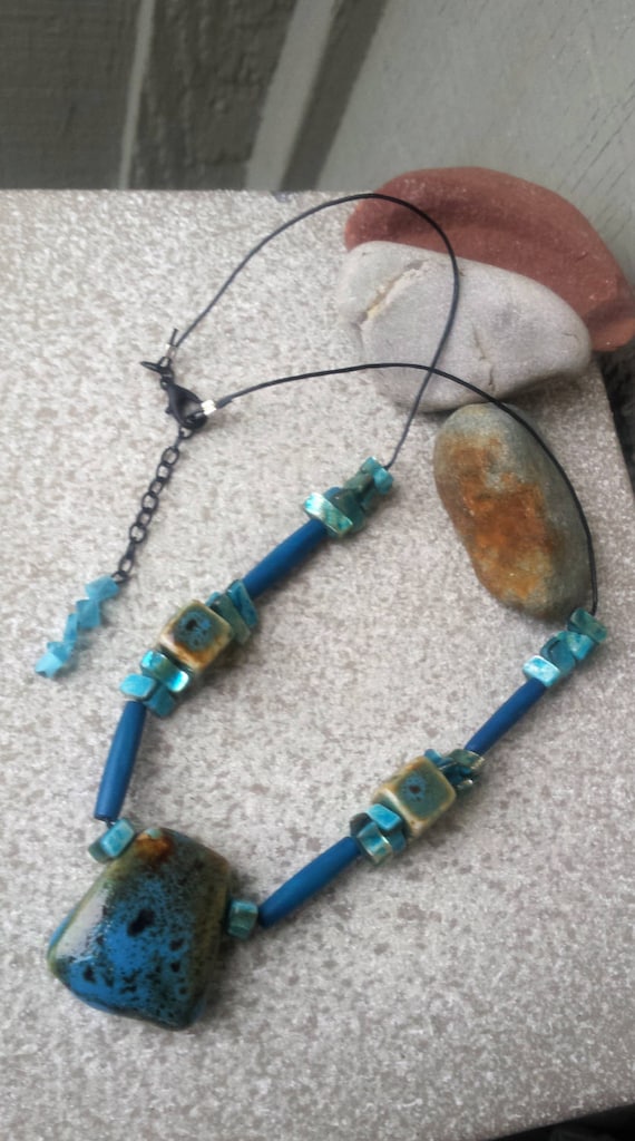 Rustic Blue Turquoise Brown Handcrafted Stoneware… - image 1