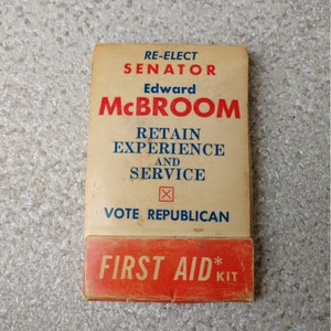 1960s 1970s Political Campaign Advertising First Aid Travel Kit, Republican Senator Edward McBroom Political Advertising Memorabilia Prop image 3