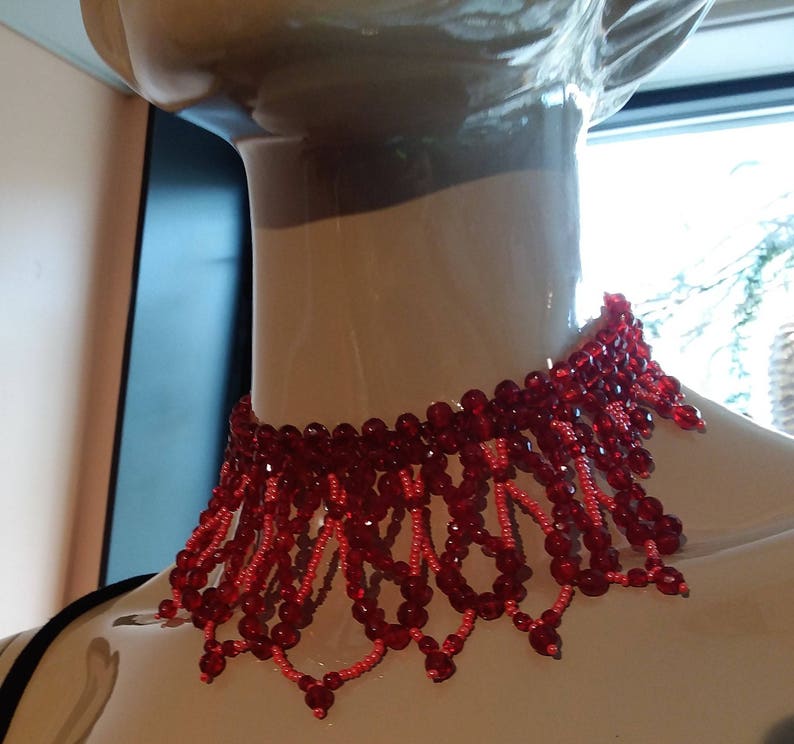 Romantic Red Choker Collar Necklace Glass Beaded Scallop Fringe Bib Dramatic Wedding Bride Bridal Victorian Statement Jewelry Jewellery
