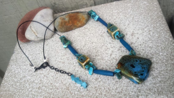 Rustic Blue Turquoise Brown Handcrafted Stoneware… - image 2