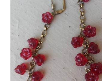 Long Red Flower Earrings Glass Dangle Drop Antiqued Gold Brass Chain Trailing Vine Garden Fairy Wedding Hanan Hall Handcrafted Jewelry