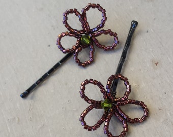 Pair Beaded Flower Bobby Pins Mulberry Burgundy Wine Berry Raspberry Glass Beads & Olive Green Crystal Hairpin Set Flower Girl Hair Jewelry