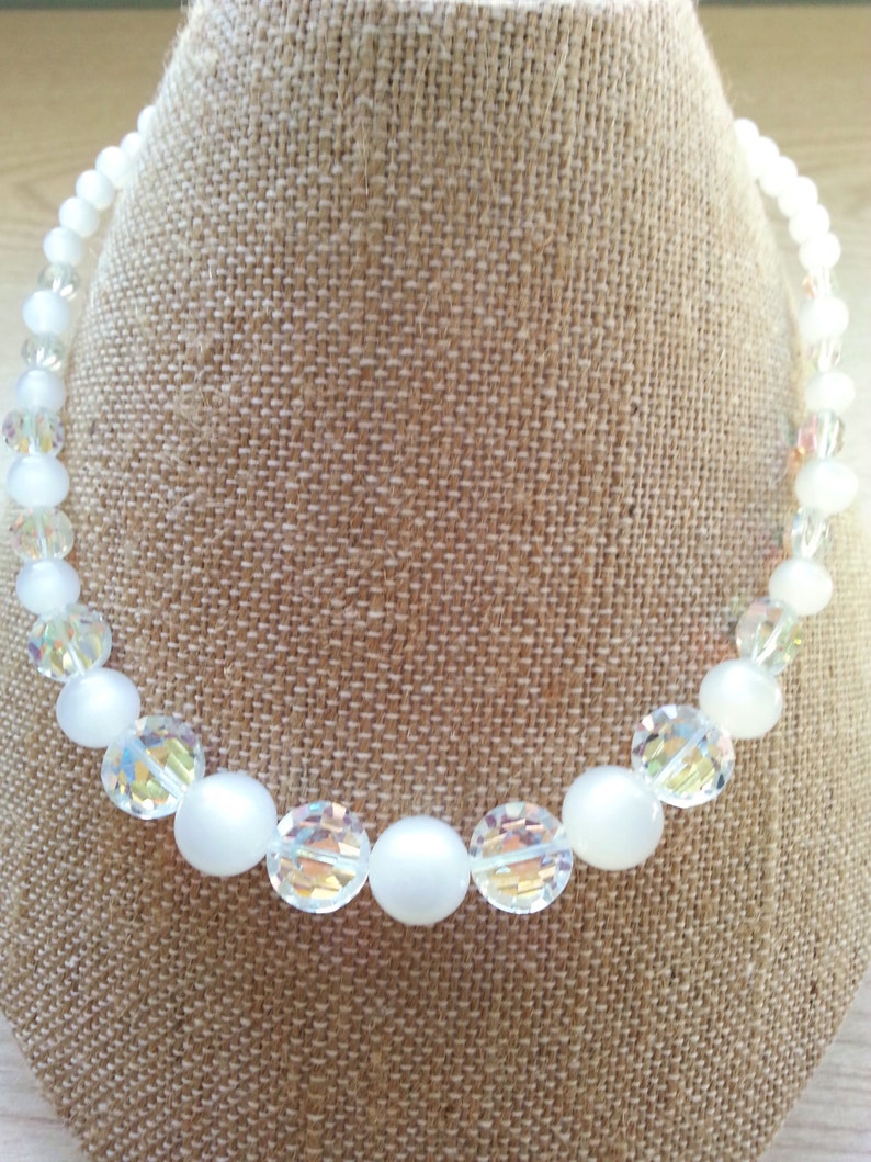 1950s Pearl White Moonglow Lucite Bead Choker Necklace AB Borealis Swarovski Austrian Crystal Retro Bride Bridal Wedding Jewelry Jewellery image 2