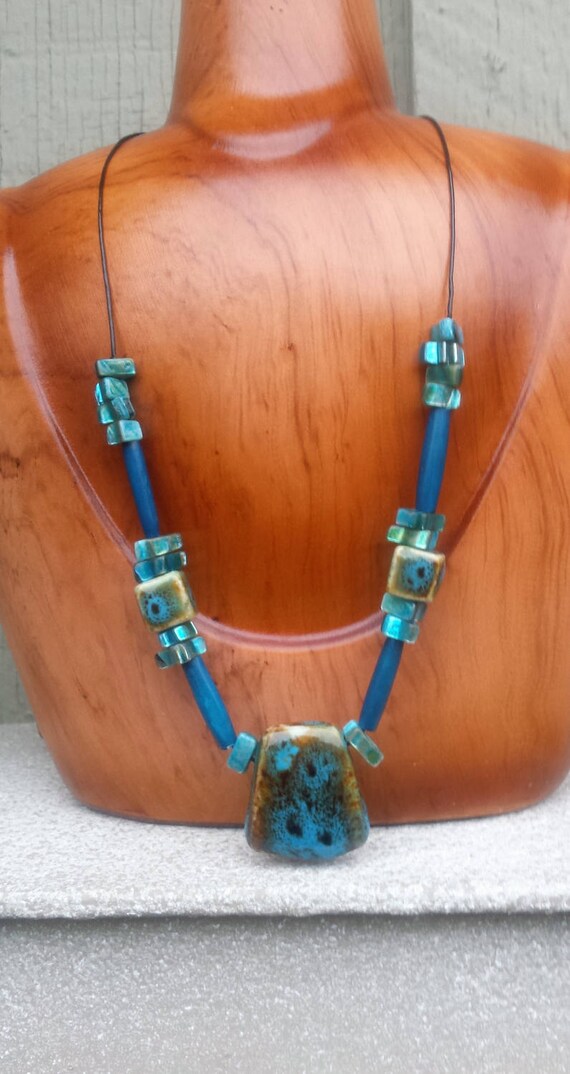 Rustic Blue Turquoise Brown Handcrafted Stoneware… - image 3