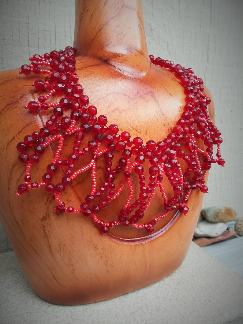 Romantic Red Choker Collar Necklace Glass Beaded Scallop Fringe Bib Dramatic Wedding Bride Bridal Victorian Statement Jewelry Jewellery