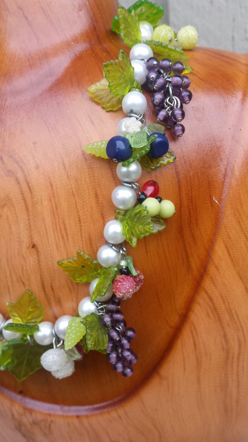 Handcrafted Flower Garden Floral Garland Grapevine Necklace Made With Vintage Glass Sugar Beads