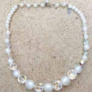 1950s Pearl White Moonglow Lucite Bead Choker Necklace AB Borealis Swarovski Austrian Crystal Retro Bride Bridal Wedding Jewelry Jewellery image 3