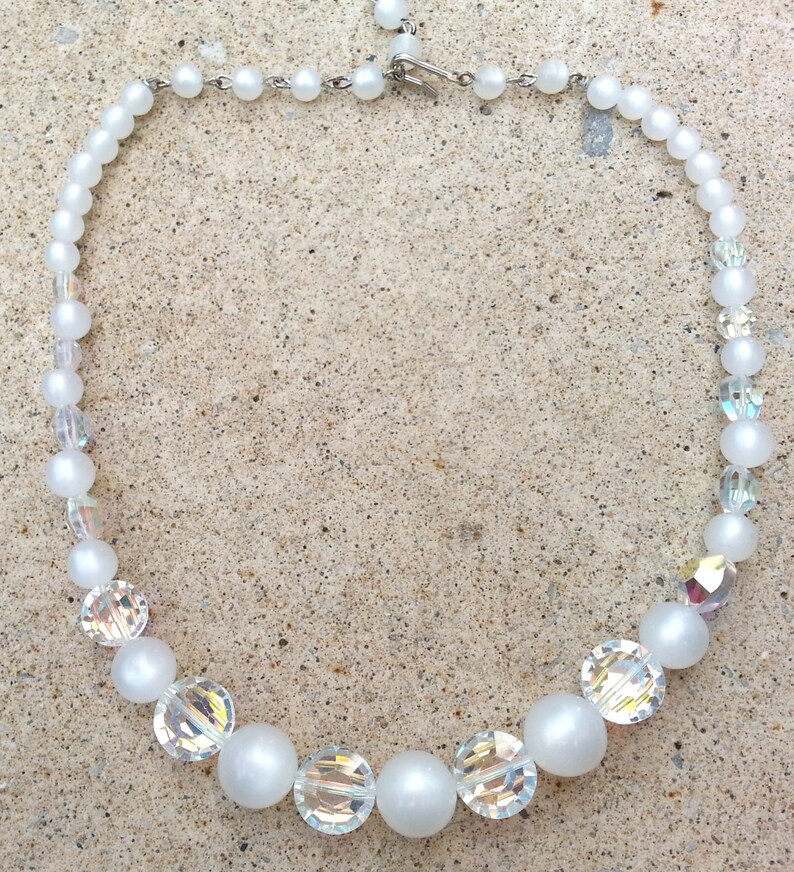 1950s Pearl White Moonglow Lucite Bead Choker Necklace AB Borealis Swarovski Austrian Crystal Retro Bride Bridal Wedding Jewelry Jewellery image 3