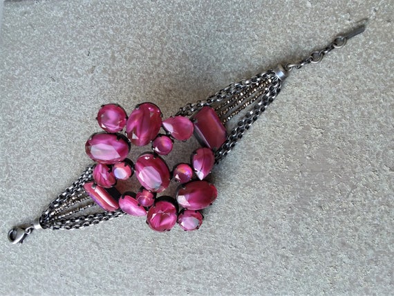 Raspberry Fuchsia Pink Glass Bold Wide Bracelet /… - image 2