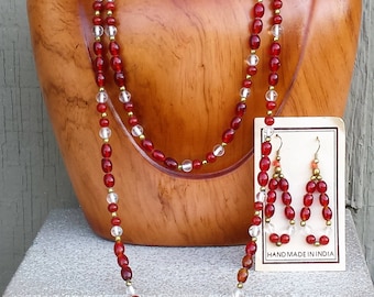 Handcrafted Rust Carnelian Color Glass & Gold Brass Bead Long Single Stranc Necklace and Earring Set Vintage Made in India Jewelry Jewellery