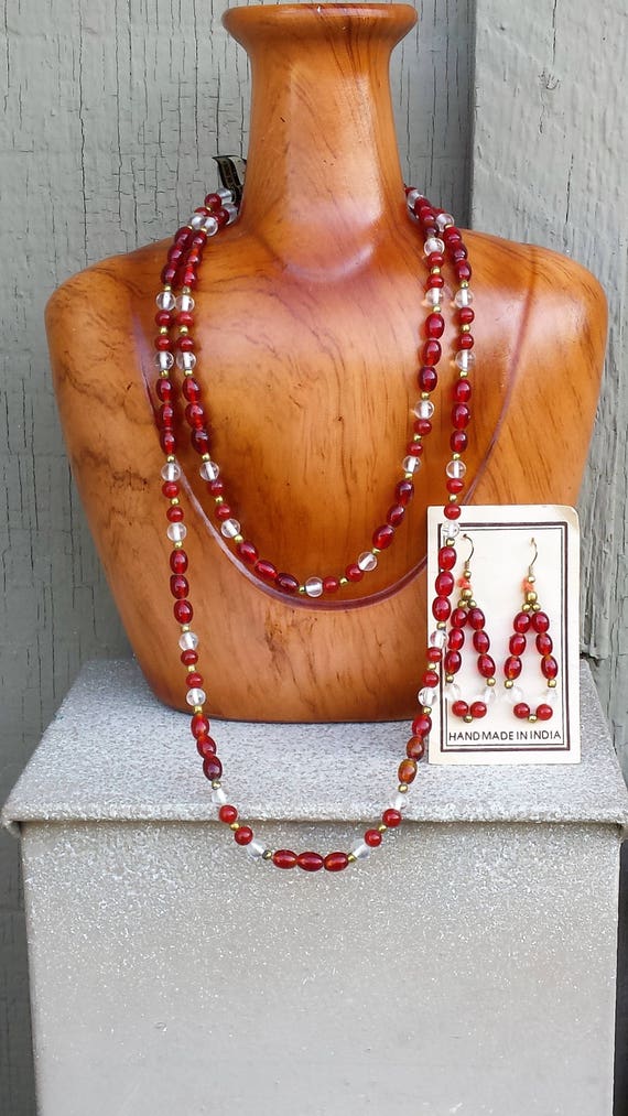 Handcrafted Rust Carnelian Color Glass & Gold Brass Bead Long Single Stranc Necklace and Earring Set Vintage Made in India Jewelry Jewellery