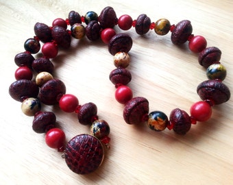 Long Chunky Red Leather Beaded Necklace handcrafted with Glass Beads Wood Bead Snakeskin Print Beads Vintage Costume Jewelry Jewellery