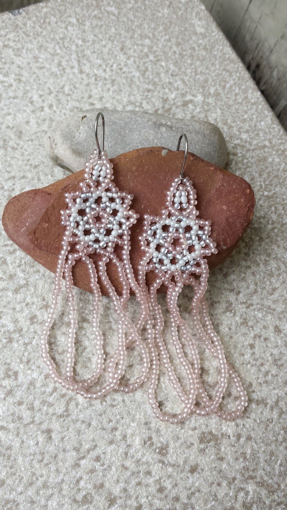 Pastel Pink And Baby Blue Long Beaded Chandelier Earrings Image 0