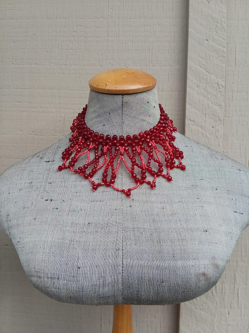 Romantic Red Choker Collar Necklace Glass Beaded Scallop Fringe Bib Dramatic Wedding Bride Bridal Victorian Statement Jewelry Jewellery