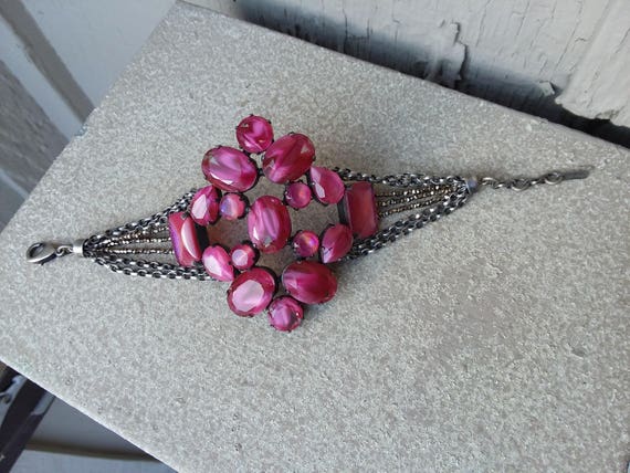 Raspberry Fuchsia Pink Glass Bold Wide Bracelet /… - image 8