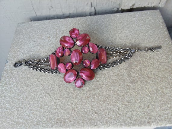 Raspberry Fuchsia Pink Glass Bold Wide Bracelet /… - image 1